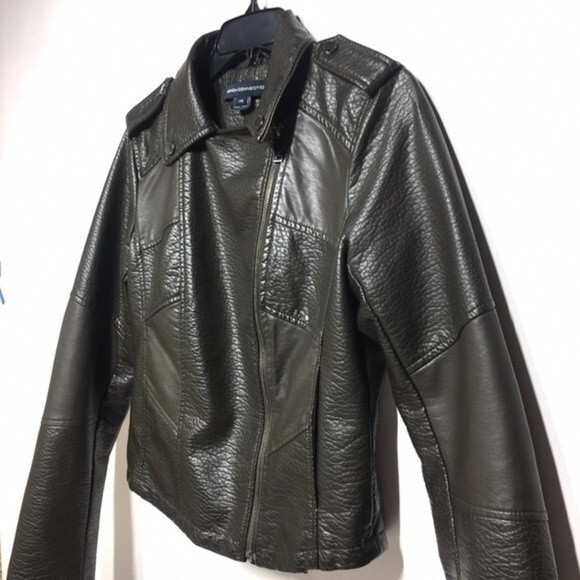 French Connection Faux Leather Moto Jacket in Dark Olive Green XS NWOT - Picture 2 of 8